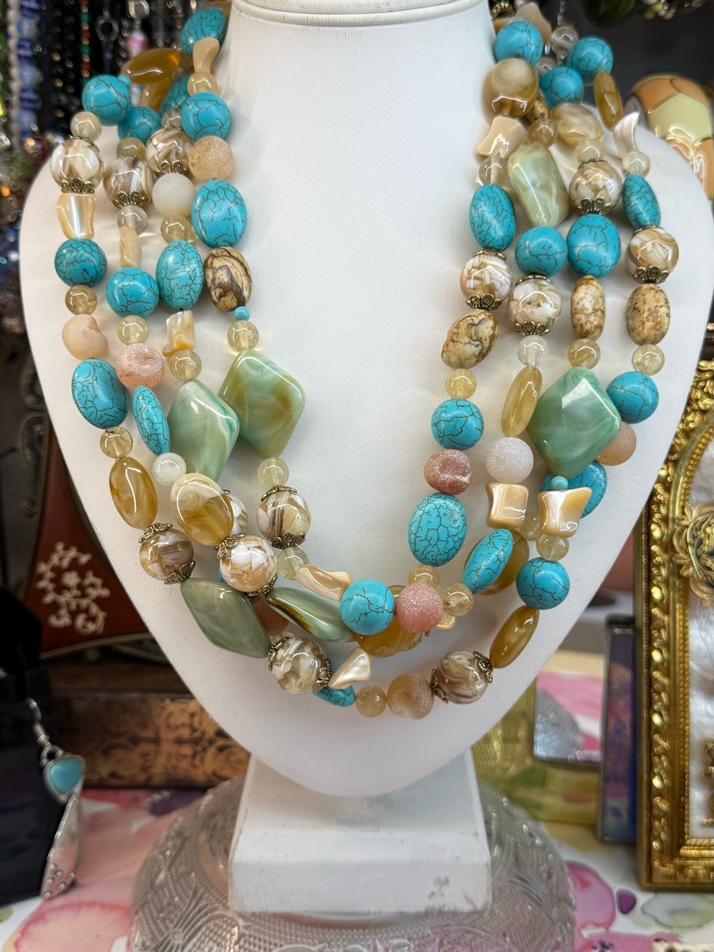 Boutique Natural Stone Multi-Strand Turquoise & Cream Beaded Statement Necklace